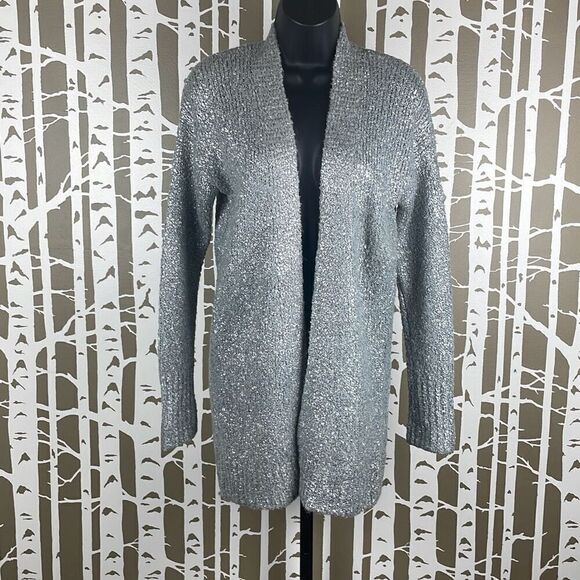 ruby moon Sweaters - Silver Metallic Painted Wool Blend Longline Open Front Cardigan Sweater S